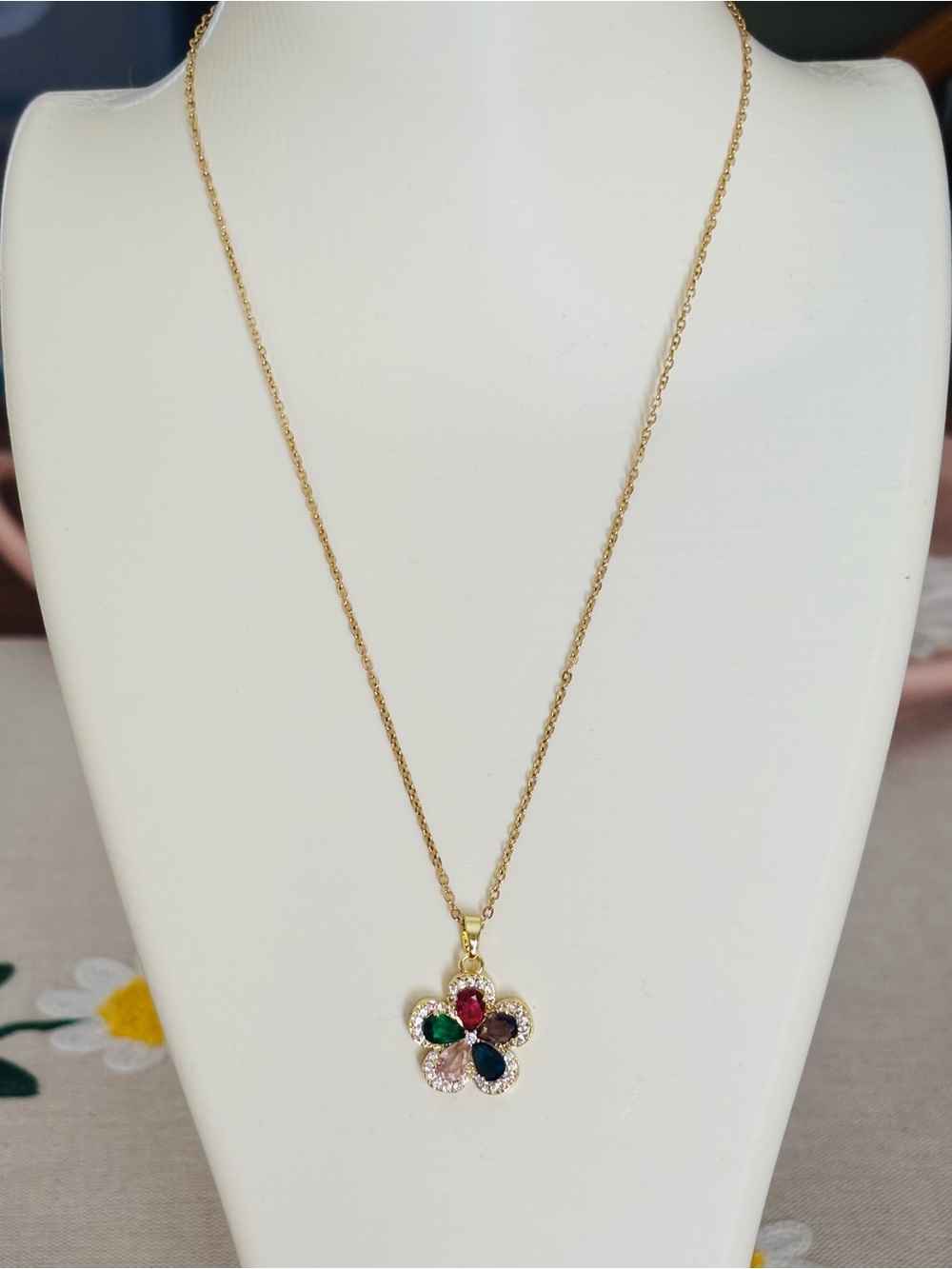 Gold Multi-Gem Flower Pendant Necklace - Unbranded-NWOT
